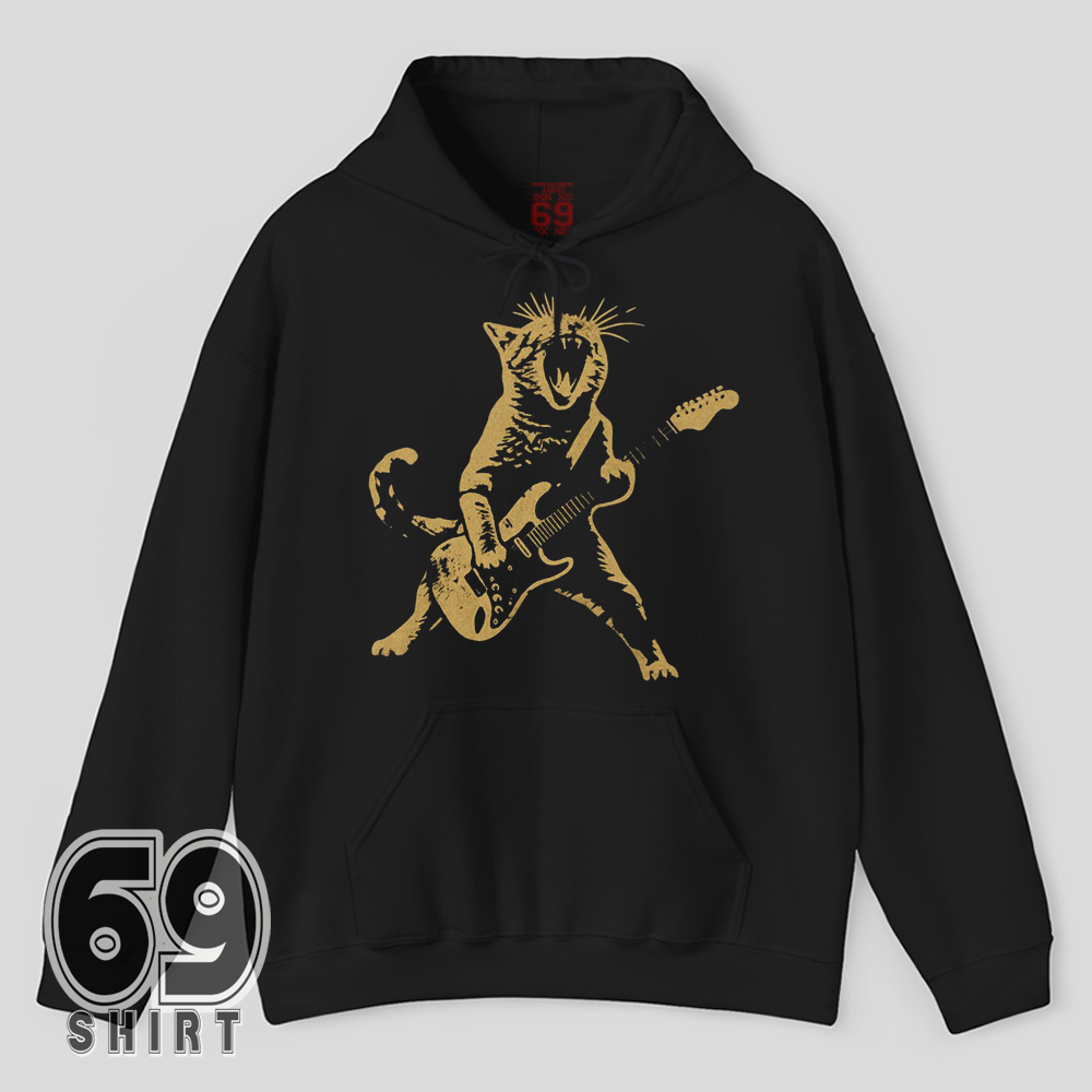 Rockstar Cat Hoodie Funny Guitar Playing Cat Graphic Design Graphic of roaring cat playing electric guitar on Hoodie
