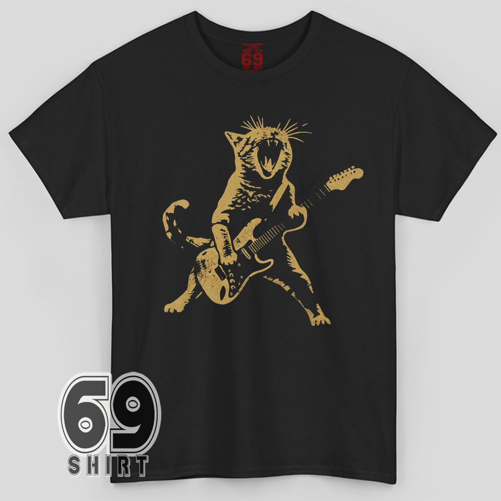 Rockstar Cat Shirt Funny Guitar Playing Cat Graphic T-Shirt Graphic of roaring cat playing electric guitar on t-shirt