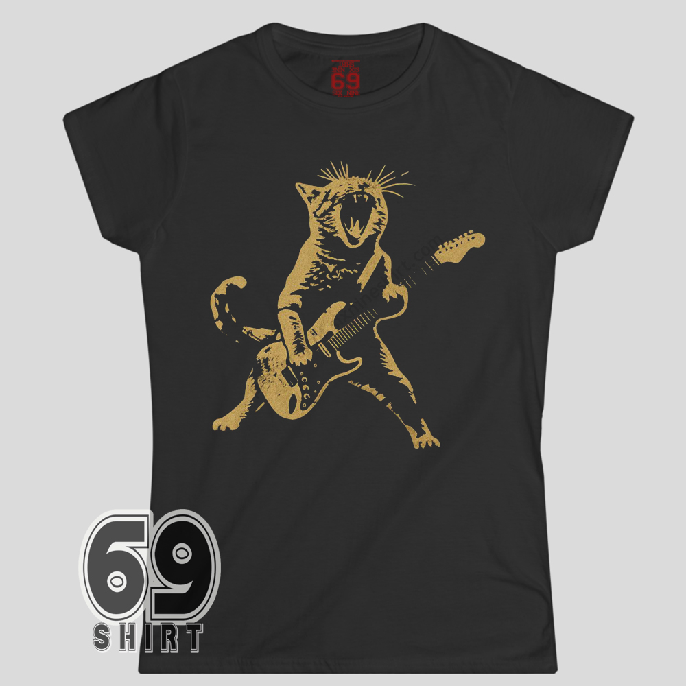 Rockstar Cat Shirt Funny Guitar Playing Cat Graphic Tee Graphic of roaring cat playing electric guitar on women t-shirt