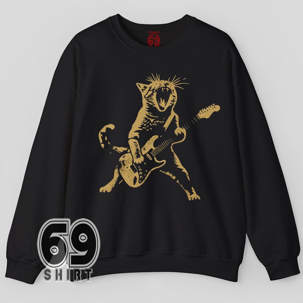Rockstar Cat Sweatshirt Funny Guitar Playing Cat Graphic Design Graphic of roaring cat playing electric guitar on Sweatshirt