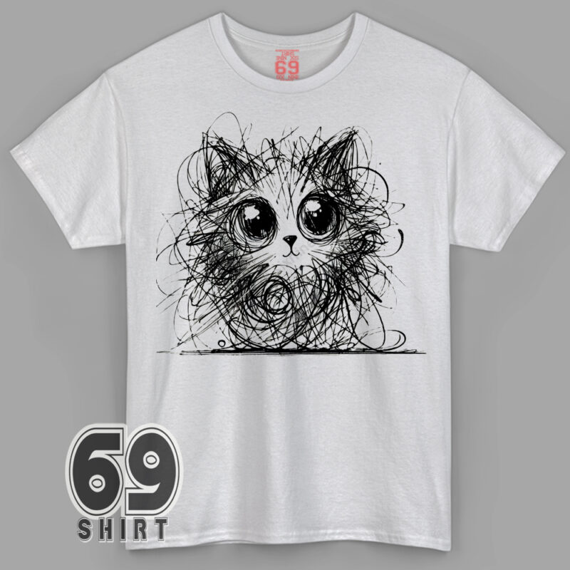 Scribble style cat art shirt with big eyes