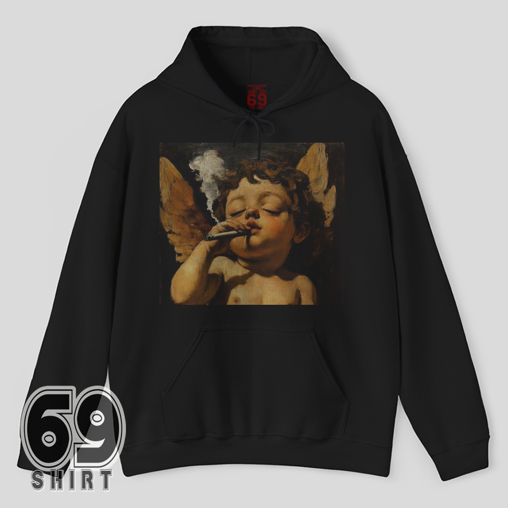 Smoking Cherub Hoodie Renaissance Angel Art Parody Graphic Design Smokin’ Cherub hoodie featuring Renaissance angel art parody graphic
