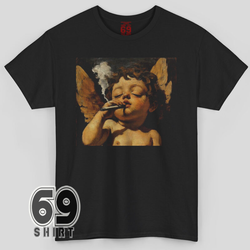 Smokin’ Cherub graphic printed on black t-shirt featuring Renaissance angel art parody