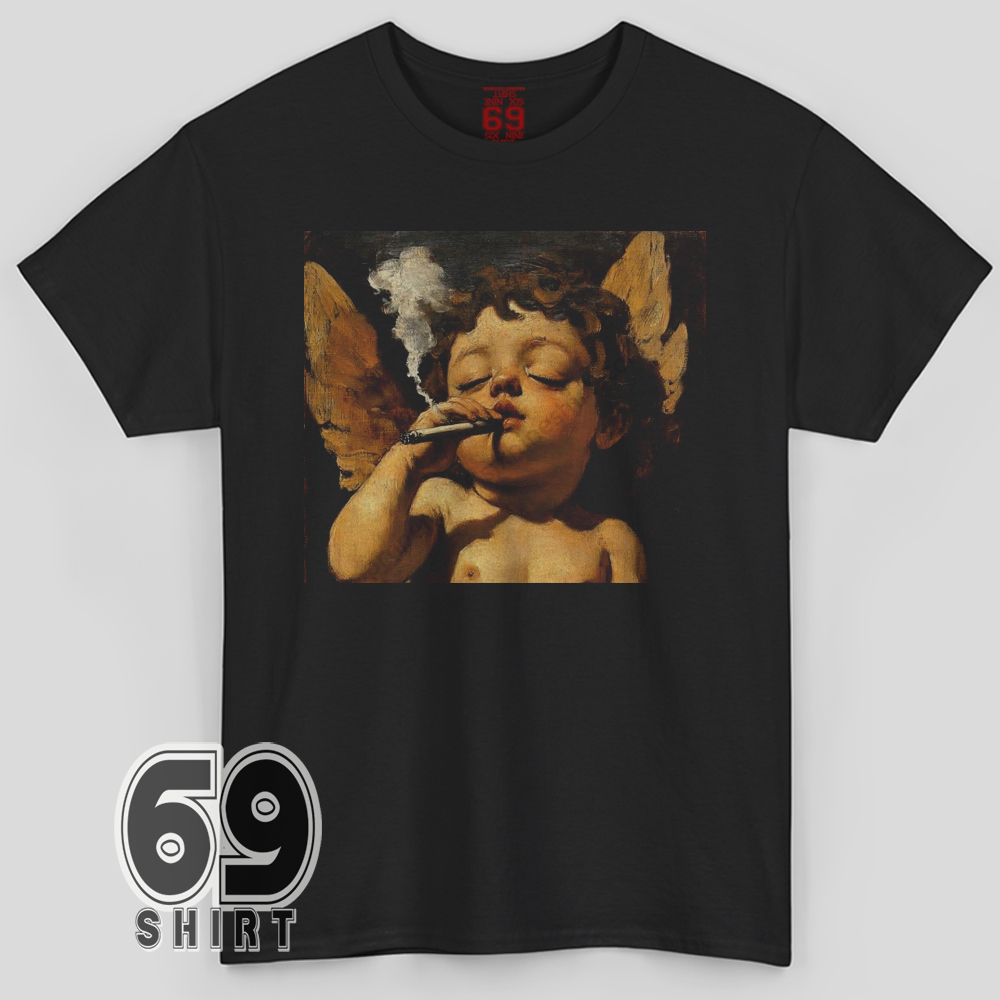 Smoking Cherub Shirt Renaissance Angel Art Parody Graphic T-shirt Smokin’ Cherub graphic printed on black t-shirt featuring Renaissance angel art parody