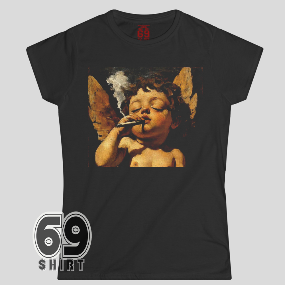 Smoking Cherub Shirt Renaissance Angel Art Parody Graphic Tee Smoking Cherub graphic printed on black t-shirt featuring Renaissance angel art parody
