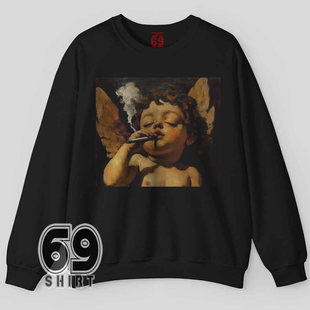 Smoking Cherub Sweatshirt Renaissance Angel Art Parody Graphic Design Smokin’ Cherub art parody sweatshirt with Renaissance-style angel smoking design