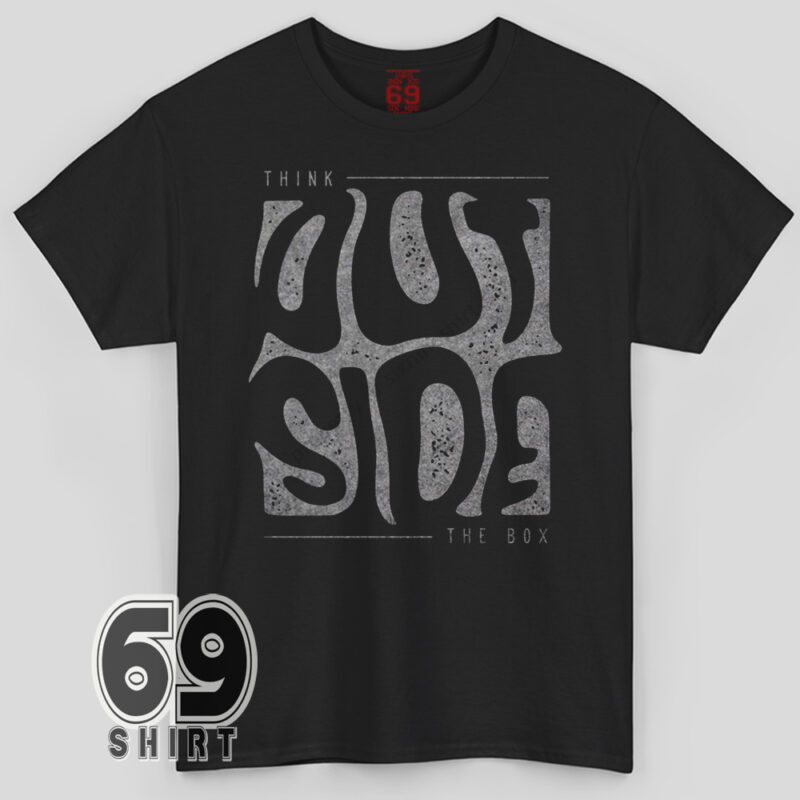 Think Outside The Box distorted typography design on black shirt