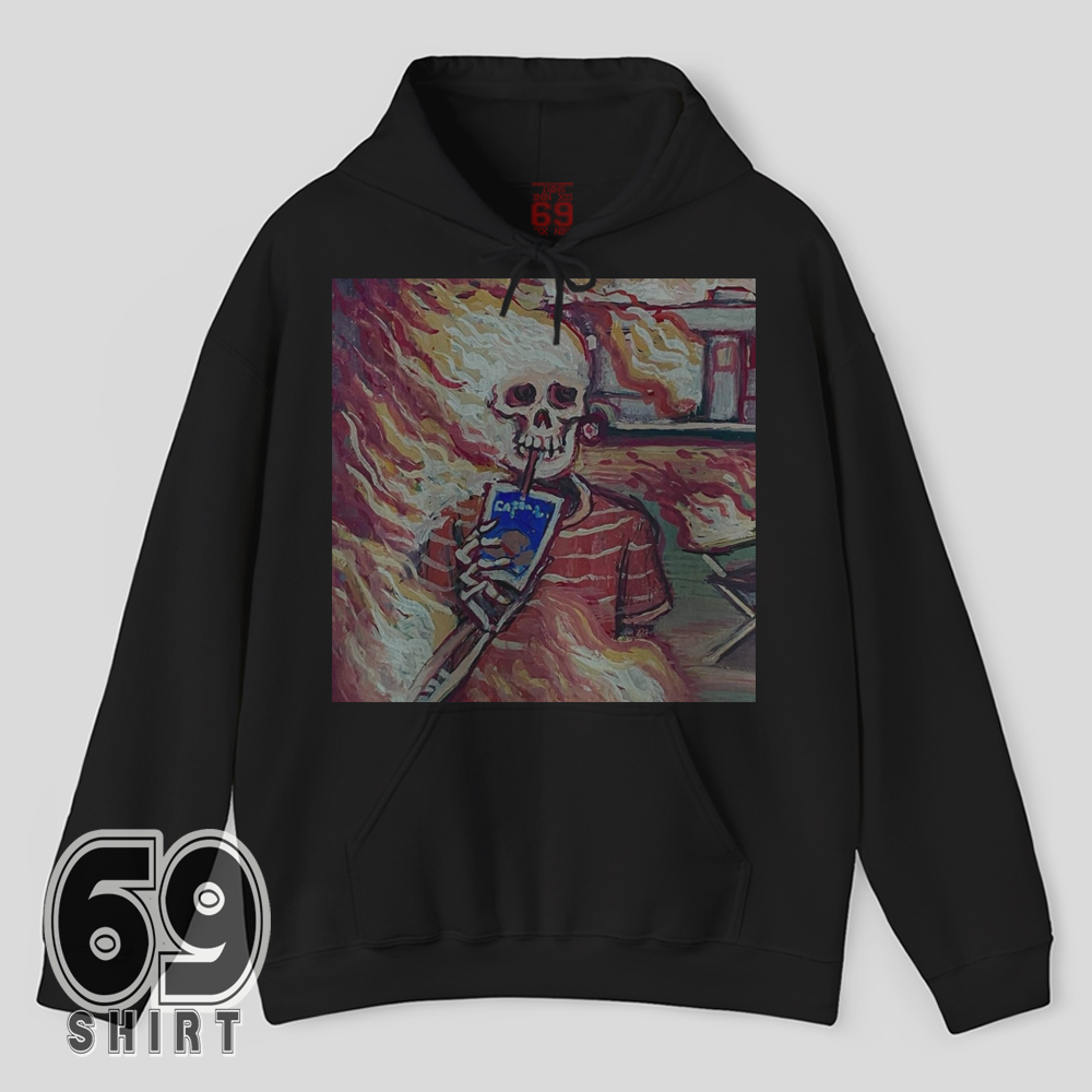 This Is Fine Skeleton Hoodie Flaming Chaos Humor Design Skeleton sipping a drink surrounded by flames in surreal painted art style on Hoodie