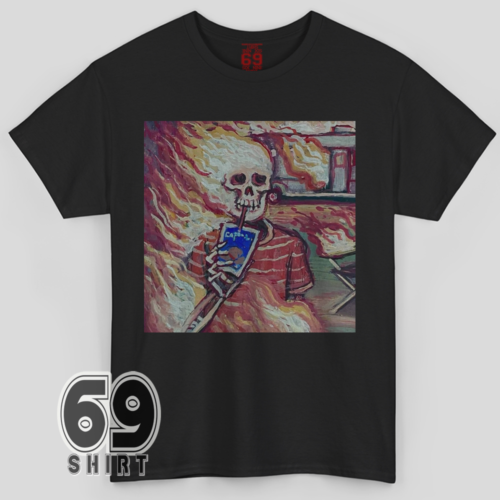 This Is Fine Skeleton Shirt Flaming Chaos Humor T-Shirt Skeleton sipping a drink surrounded by flames in surreal painted art style on t-shirt
