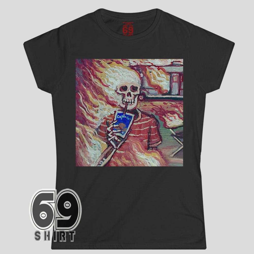 This Is Fine Skeleton Shirt Flaming Chaos Humor Tee Skeleton sipping a drink surrounded by flames in surreal painted art style on women t-shirt
