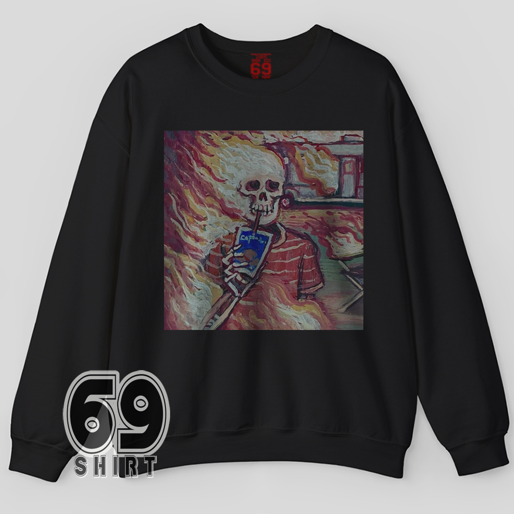 This Is Fine Skeleton Sweatshirt Flaming Chaos Humor Design Skeleton sipping a drink surrounded by flames in surreal painted art style on sweatshirt