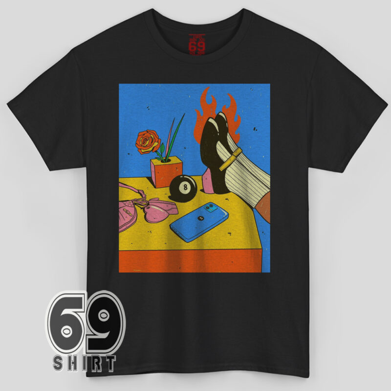 Retro pop art flaming heels and 8-ball graphic shirt