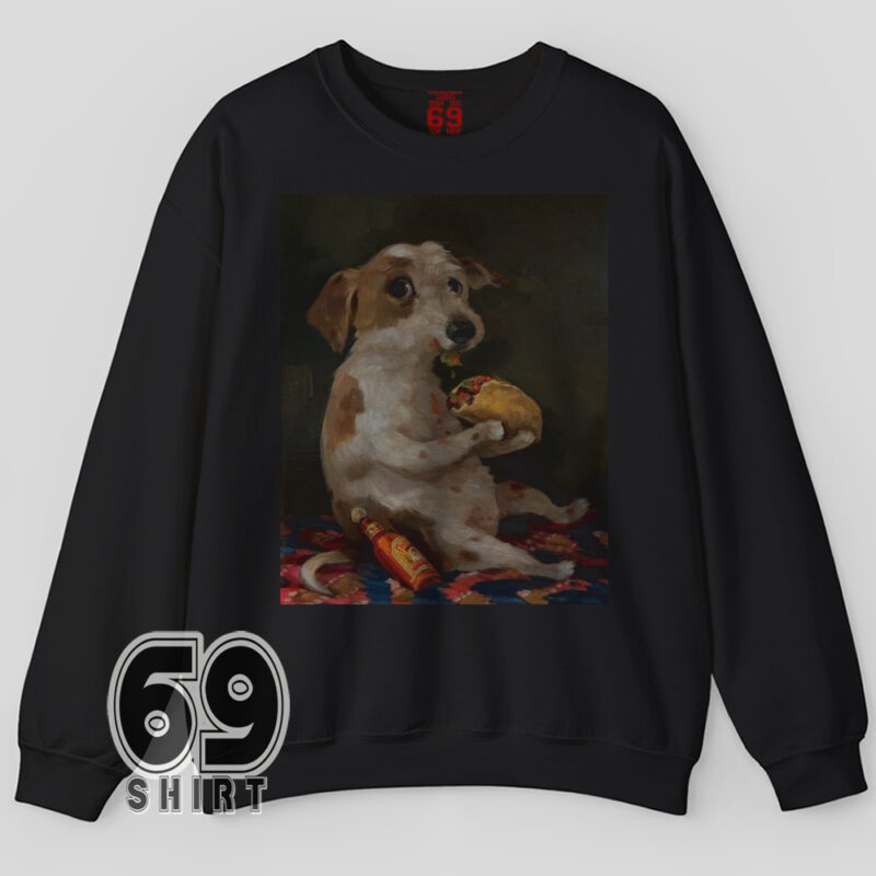 Funny chill dog art tee with hot sauce and taco