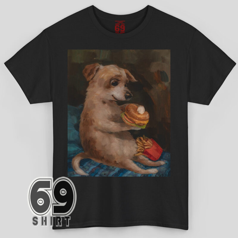 Vintage dog eating burger and fries painting style t-shirt