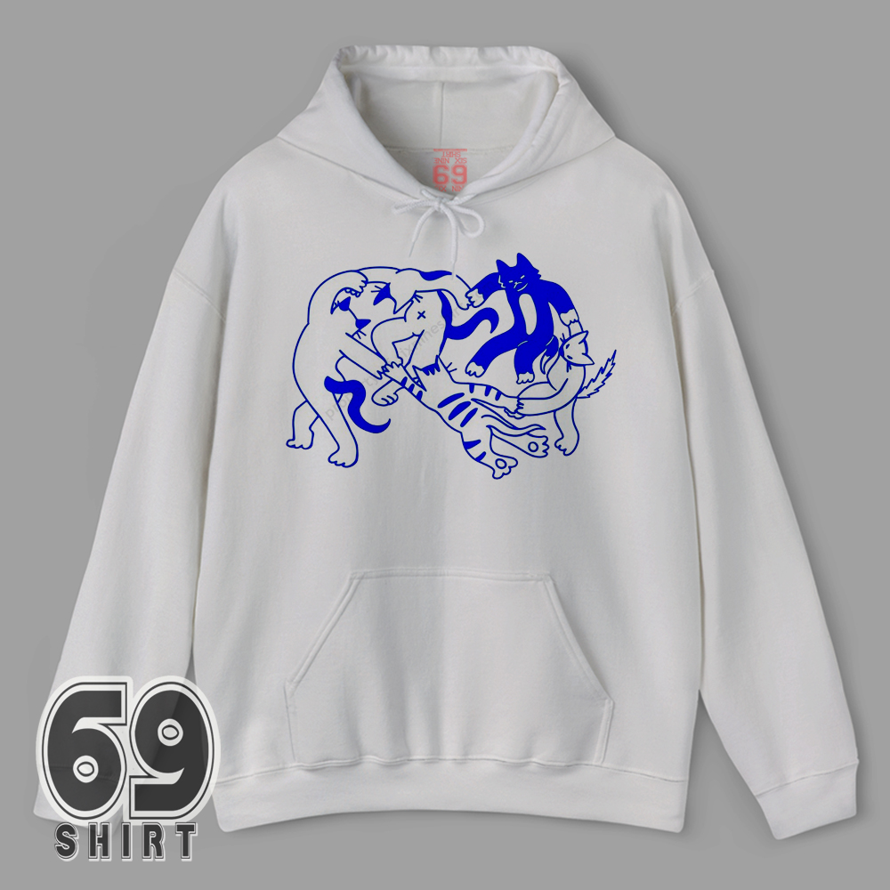 Funny Cat Dance Hoodie Matisse La Danse Parody Cat Circle Art Graphic Hoodie Whimsical Matisse-inspired design with dancing cartoon cats in a circle on a comfortable hoodie