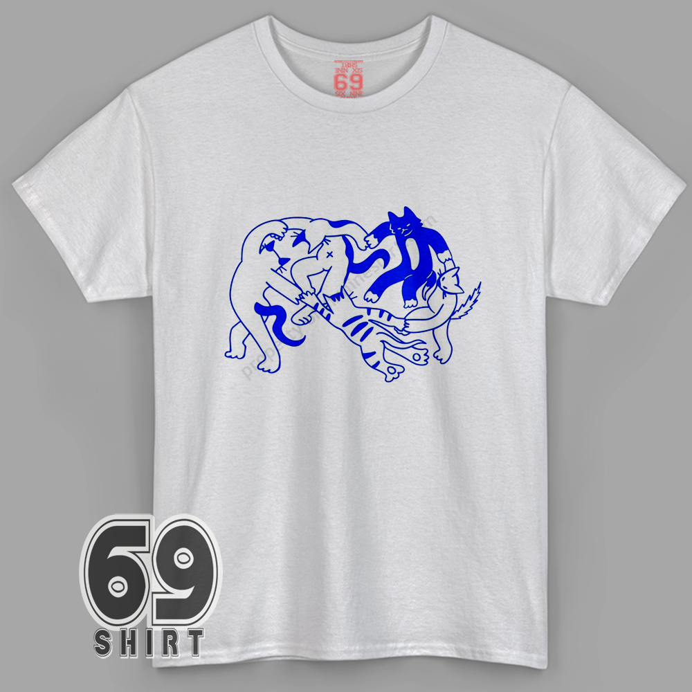 Funny Cat Dance T-Shirt Matisse La Danse Parody Cat Circle Art Graphic Tee Funny Matisse La Danse parody featuring blue cartoon cats dancing in a circle, printed on a cat graphic t-shirt