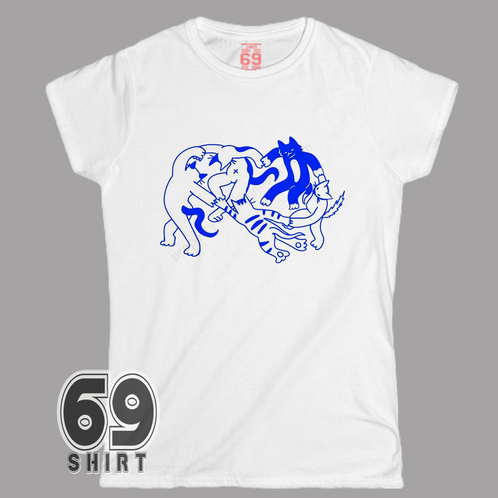 Funny Cat Dance T-Shirt Matisse La Danse Parody Cat Circle Art Graphic shirt Funny Matisse La Danse parody featuring blue cartoon cats dancing in a circle, printed on a cat graphic t-shirt for women