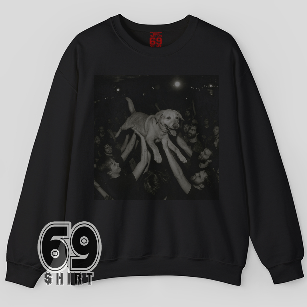 Funny Dog Golden Retriever Crowd Surfing Sweatshirt Party Dog Graphic Sweatshirt Golden Retriever crowd surfing design on cozy fleece sweatshirt for music and dog fans
