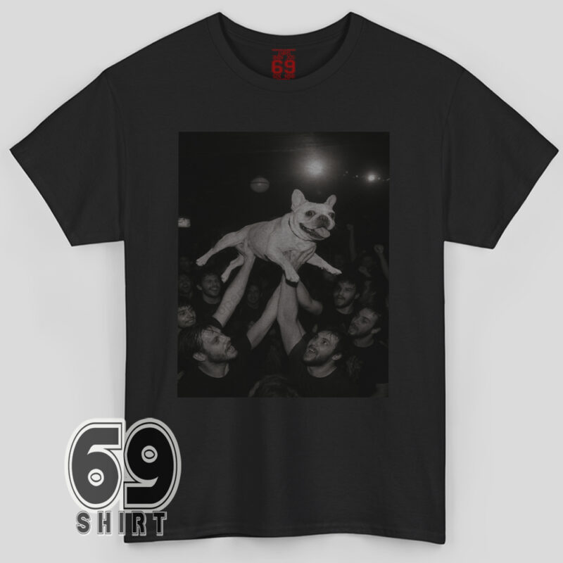 Funny French Bulldog crowd surfing at a rock concert graphic printed on a cotton t-shirt