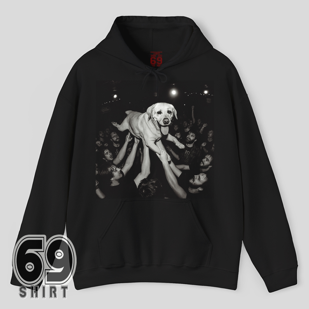 Funny Labrador Retriever Crowd Surfing Hoodie Party Dog Graphic Hoodie Funny Labrador Retriever crowd surfing design on cozy hoodie for party and festival lovers