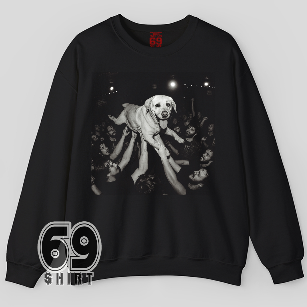 Funny Labrador Retriever Crowd Surfing Sweatshirt Party Dog Graphic Sweatshirt Labrador Retriever crowd surfing graphic on soft fleece sweatshirt for dog and music fans