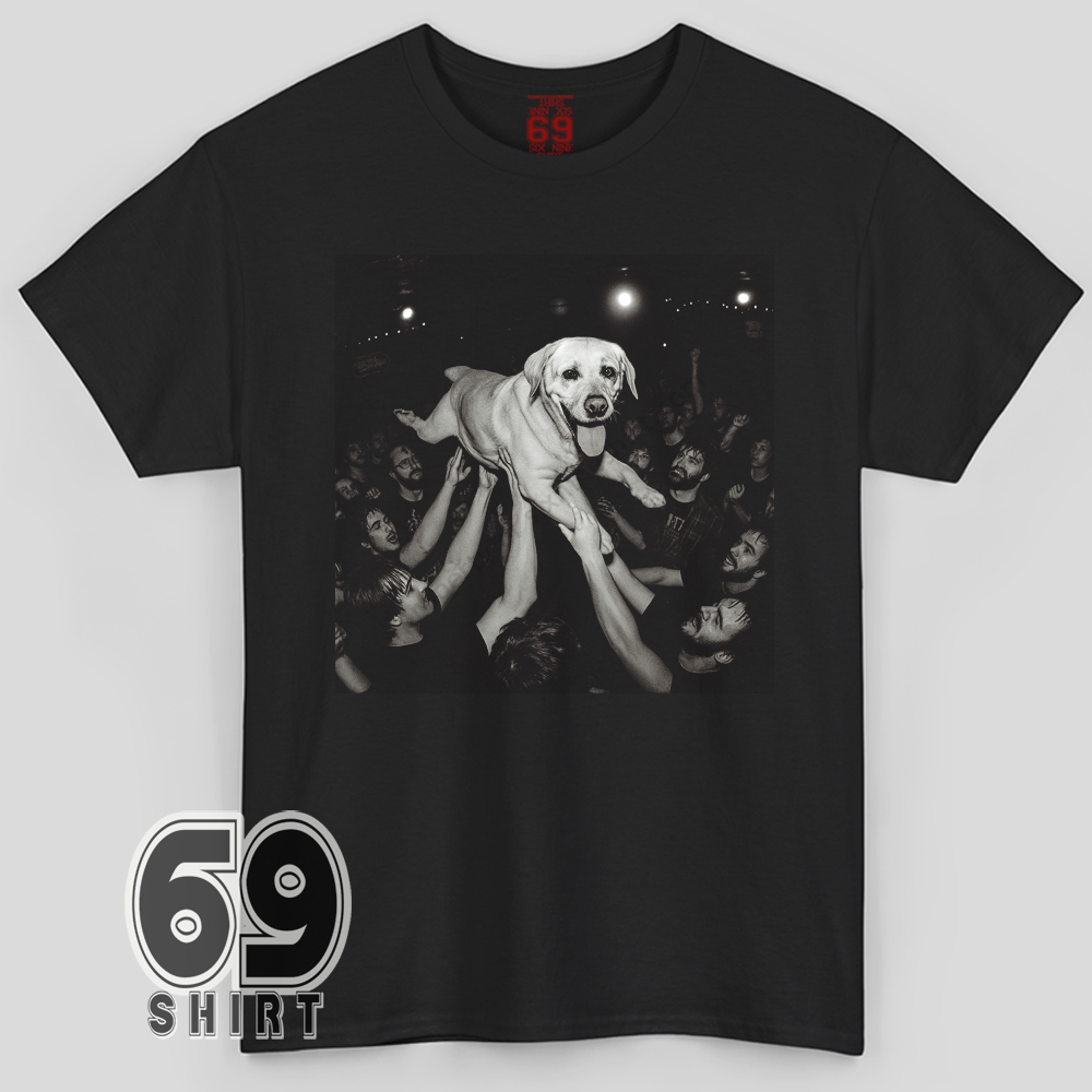 Funny Labrador Retriever Crowd Surfing T-Shirt Party Dog Graphic Tee Funny Labrador Retriever crowd surfing at a concert graphic printed on cotton t-shirt