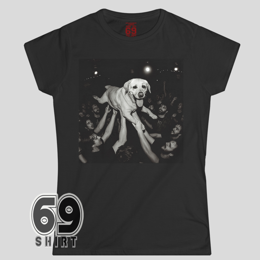 Funny Labrador Retriever Crowd Surfing Women T-Shirt Party Dog Graphic Tee Funny Labrador Retriever crowd surfing at a concert graphic printed on women cotton t-shirt