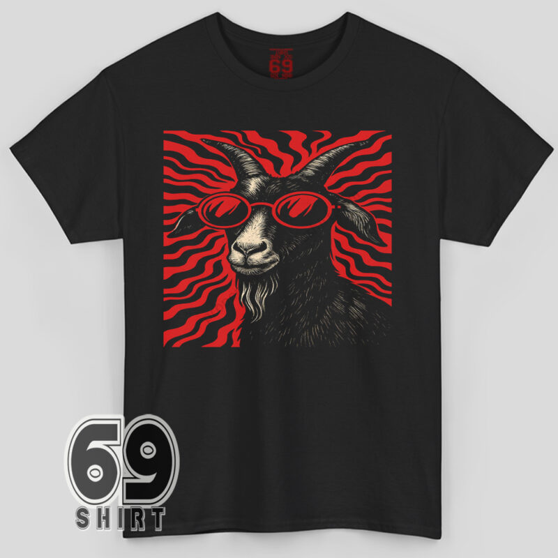 Trippy goat wearing red sunglasses graphic printed on black t-shirt with psychedelic red waves