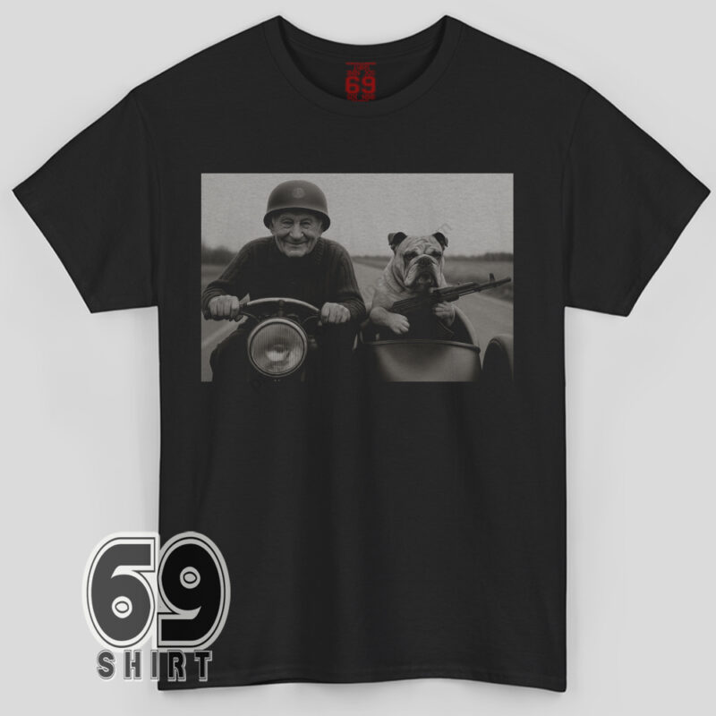Funny biker graphic tee showing an elderly grandpa on a motorcycle with a bulldog in the sidecar holding a prop gun