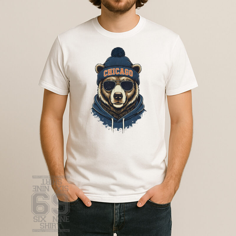 Chicago bear graphic T-shirt featuring a cool bear wearing sunglasses, hoodie, and beanie with Chicago text