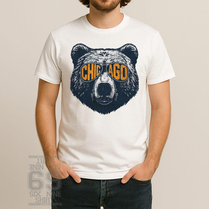 Graphic T-shirt featuring a bear wearing sunglasses with the word Chicago reflected in the lenses in a vintage style