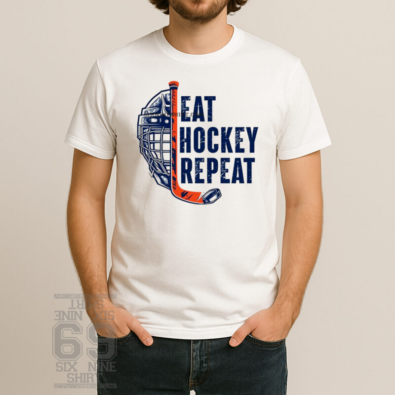 Eat Hockey Repeat shirt with hockey mask and stick graphic for hockey fans
