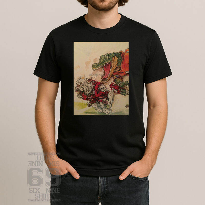 Florida vs Georgia football rivalry T-shirt featuring a bulldog in football gear chased by a fierce gator illustration