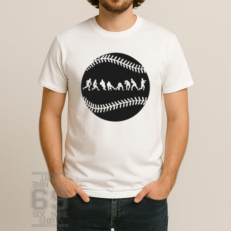 Baseball evolution T-shirt featuring white player silhouettes inside a black baseball with detailed stitching