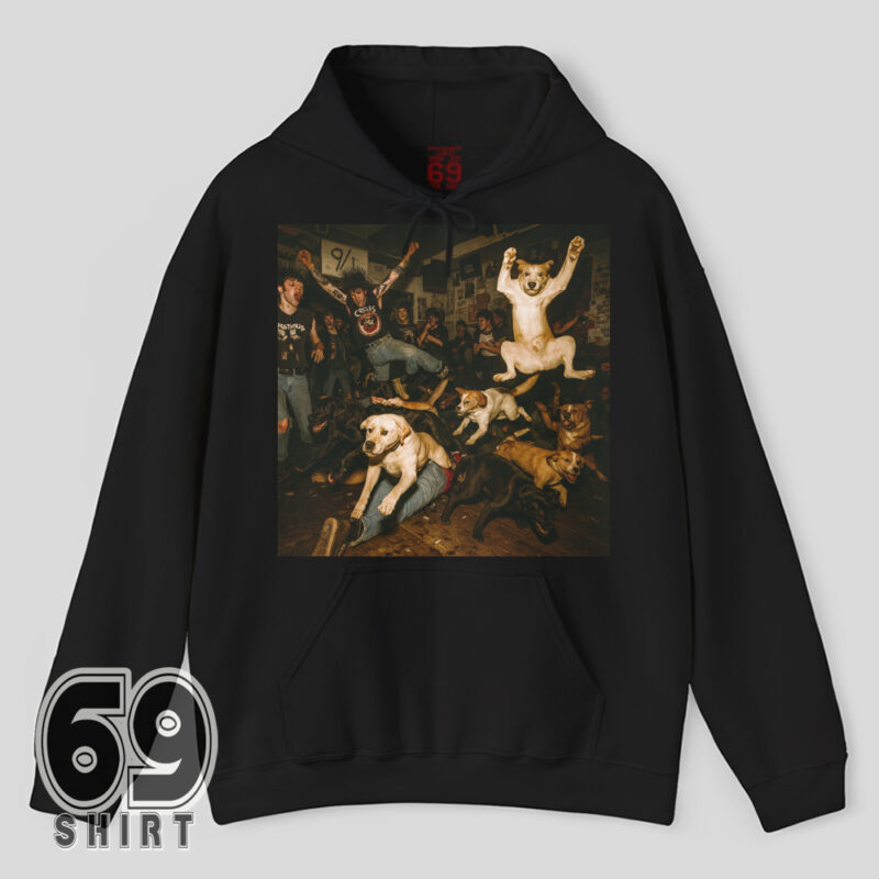 Hoodie with a wild punk dog mosh pit graphic featuring excited dogs jumping and crowd-surfing in a chaotic punk show