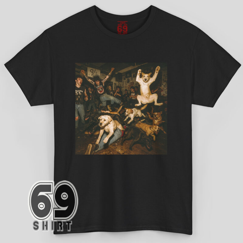 T-shirt featuring a chaotic punk concert scene filled with jumping and crowd-surfing dogs in a lively mosh pit