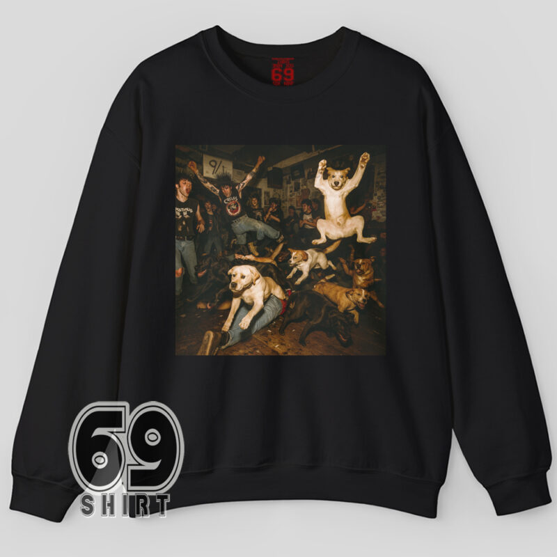 Funny crewneck sweatshirt with a gritty punk dog mosh pit graphic showing energetic dogs leaping and crowd-surfing at a chaotic show