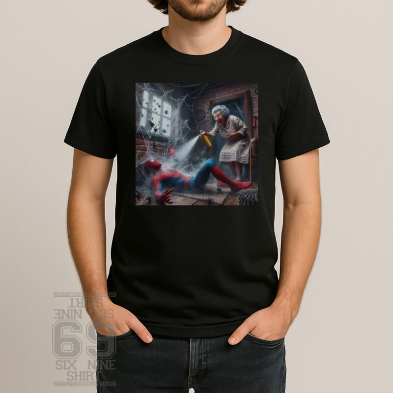 Funny T-shirt featuring a grandma spraying Spider-Man with bug spray in a spiderweb-filled room — superhero parody meme