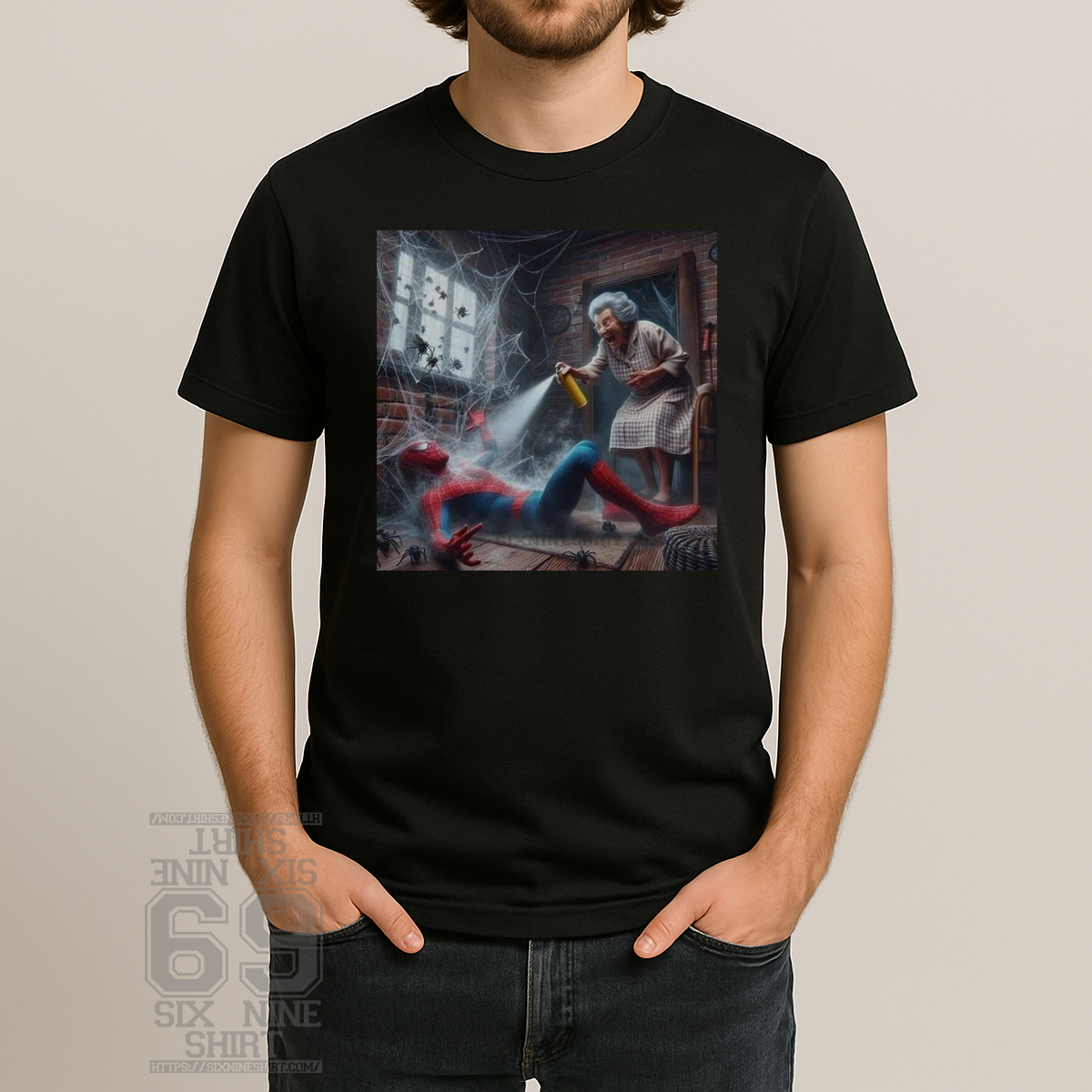 Grandma Sprays Spider Man Funny Superhero Meme T-Shirt Funny T-shirt featuring a grandma spraying Spider-Man with bug spray in a spiderweb-filled room — superhero parody meme