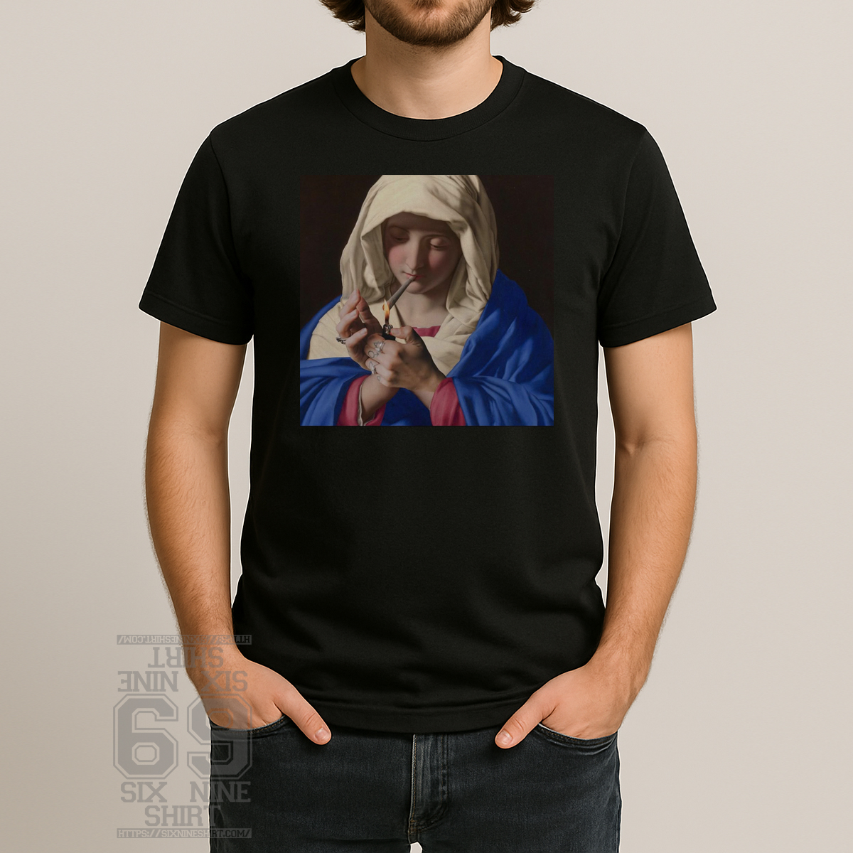 Holy Smoke Mary Renaissance Art Meme T-Shirt Renaissance-style artwork of Mary lighting a cigarette, blending classical religious art with modern meme humor