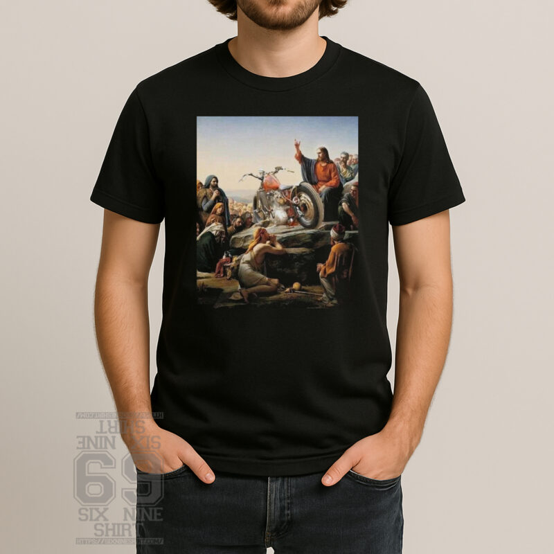 Funny T-shirt featuring a parody artwork of Jesus sitting on a motorcycle surrounded by followers in a vintage religious painting style