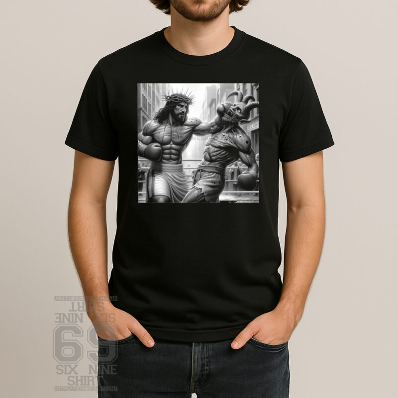 Jesus Christ boxing demon black and white faith over evil graphic t-shirt