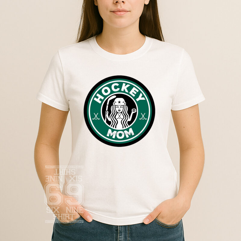 Funny hockey mom T-shirt with Starbucks-style typography reading ‘Mom Hockey’ coffee parody design