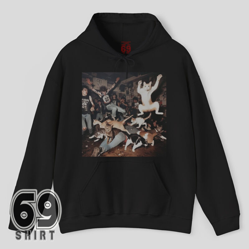 Hoodie with humorous punk cat mosh pit graphic showing multiple cats jumping, diving, and partying like rockstars