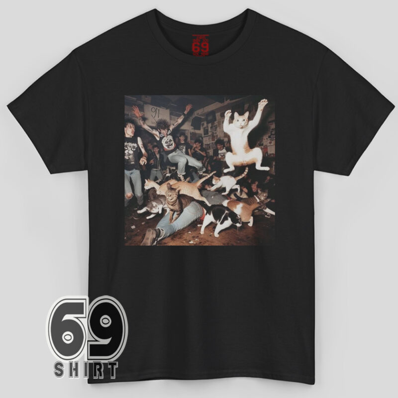 Graphic T-shirt showing chaotic punk rock mosh pit filled with jumping and dancing cats – funny animal concert design