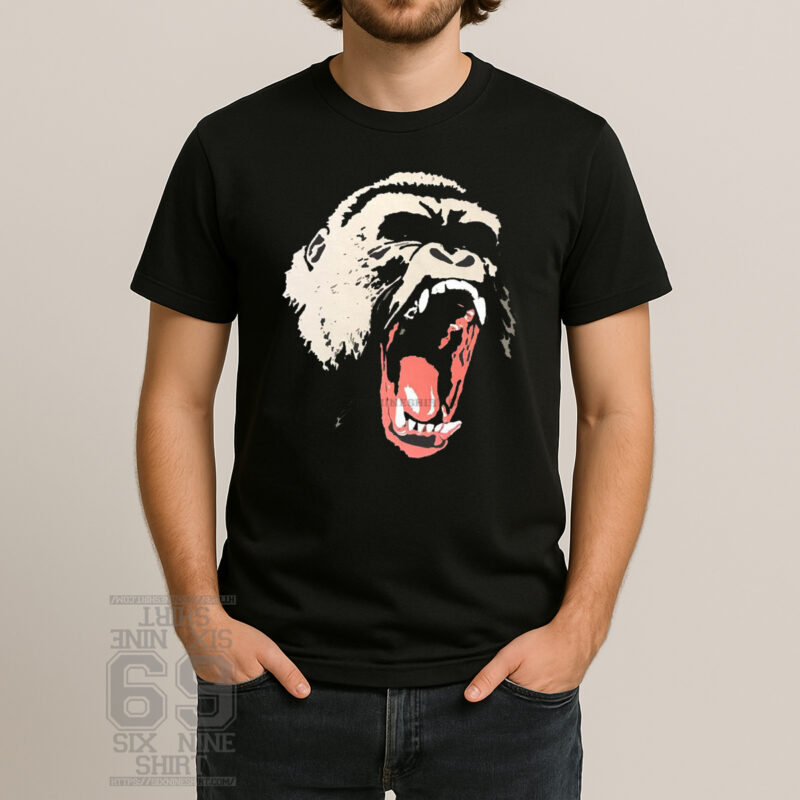 Graphic T-shirt featuring a roaring gorilla face with mouth wide open, symbolizing primal rage and raw power