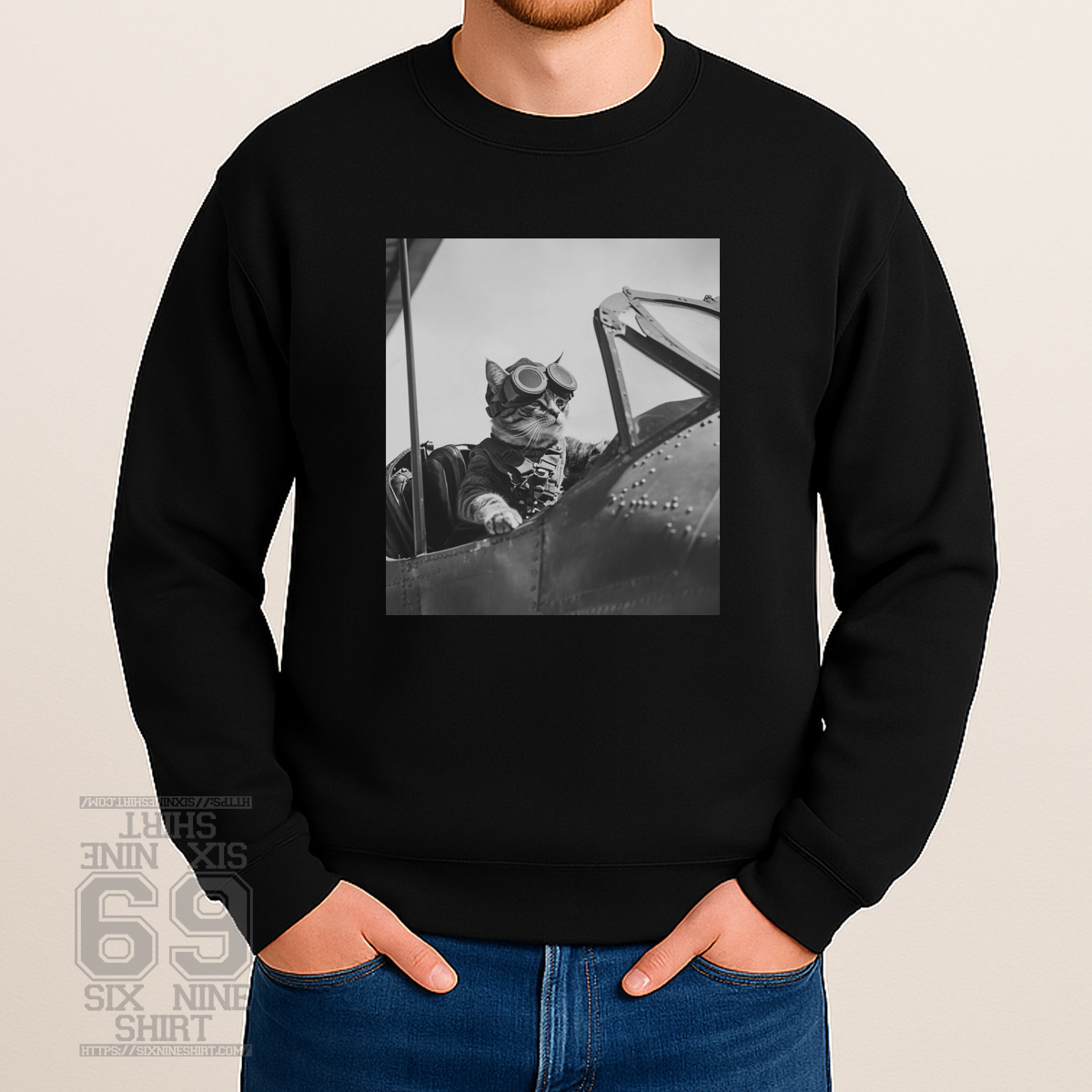 WWII Cat Pilot Aviator Shirt Vintage Warplane Cat Sweatshirt