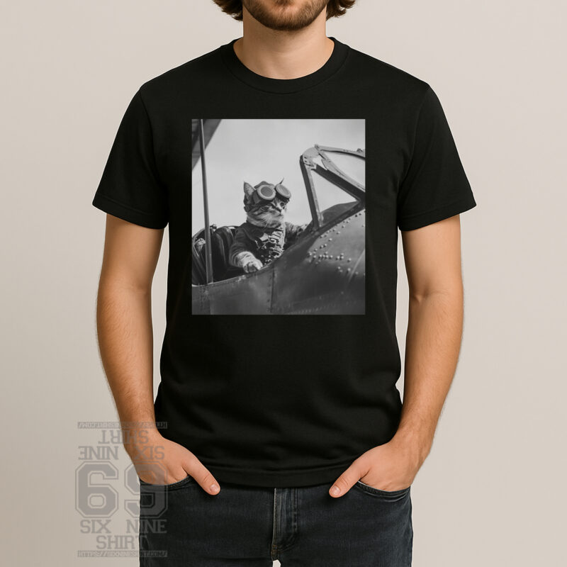 Vintage T-shirt featuring a WWII-era cat pilot wearing aviator goggles inside a fighter plane cockpit