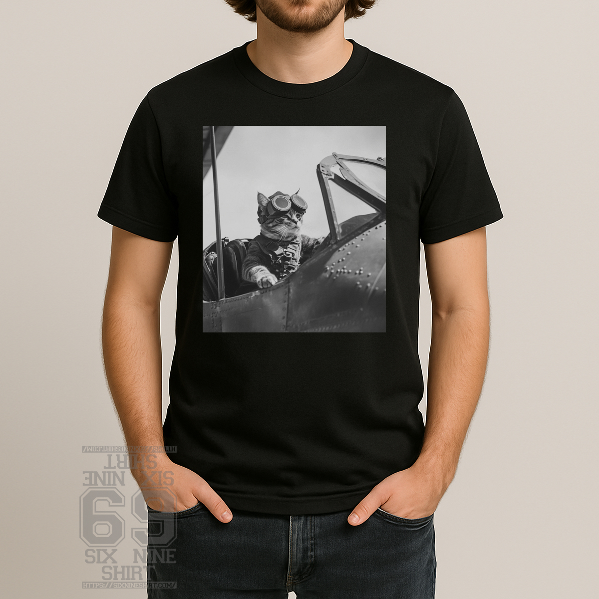 WWII Cat Pilot Aviator Shirt Vintage Warplane Cat T-Shirt Vintage T-shirt featuring a WWII-era cat pilot wearing aviator goggles inside a fighter plane cockpit