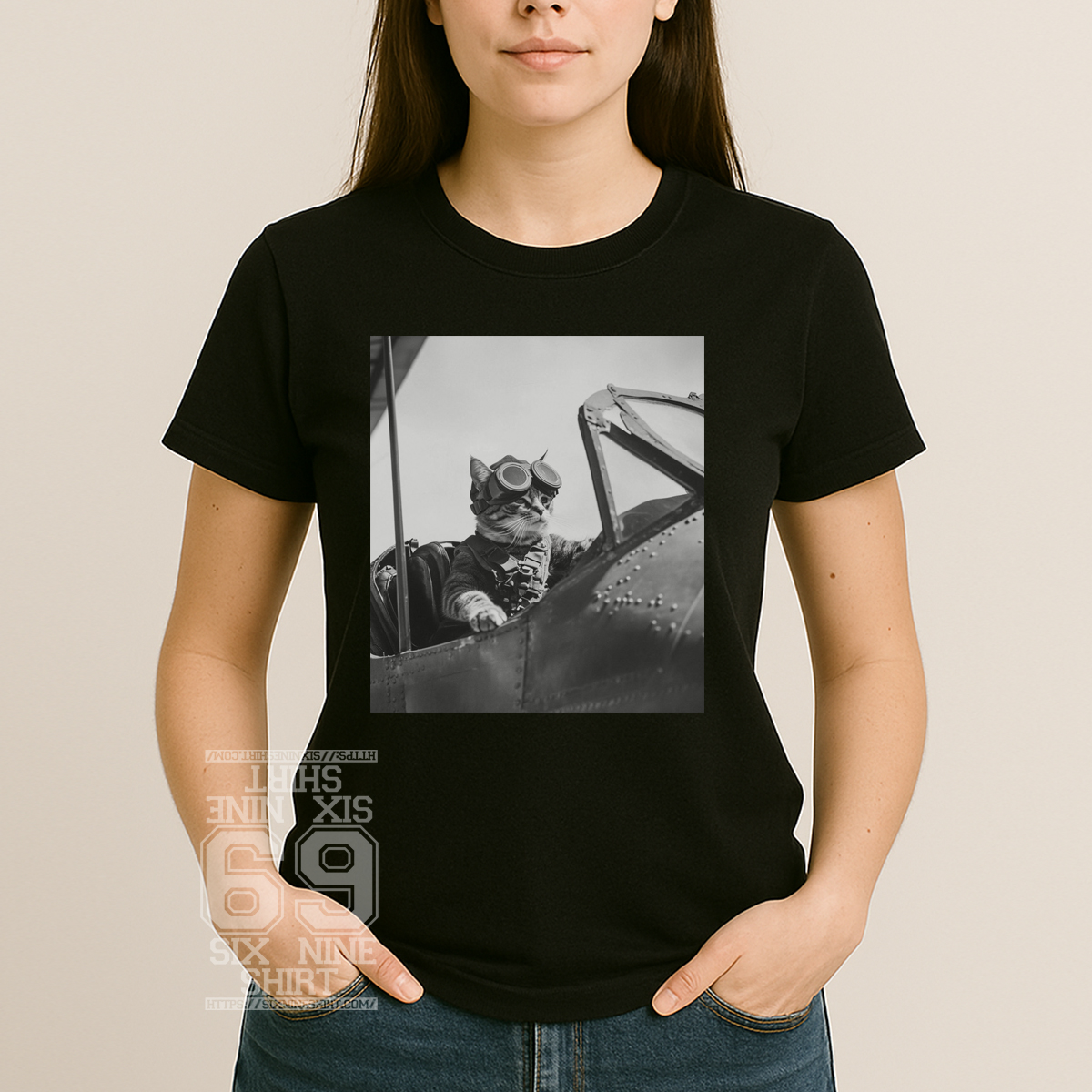 WWII Cat Pilot Aviator T-Shirt Vintage Warplane Cat Shirt